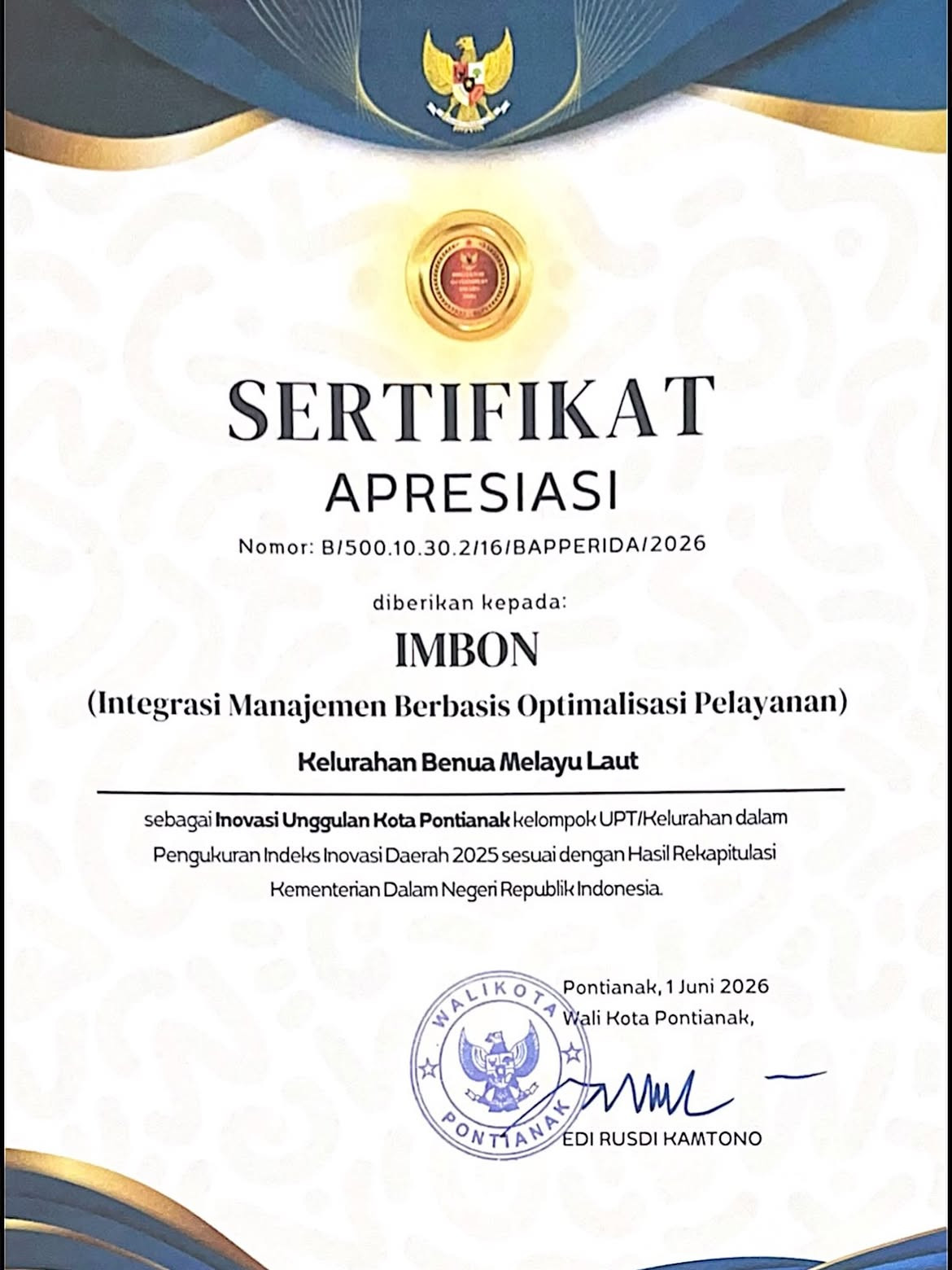 Inovasi IMBON Raih Apresiasi Wali Kota Pontianak, Bukti Komitmen Kelurahan Benuamelayu Laut dalam Mewujudkan Pelayanan Publik yang Inovatif