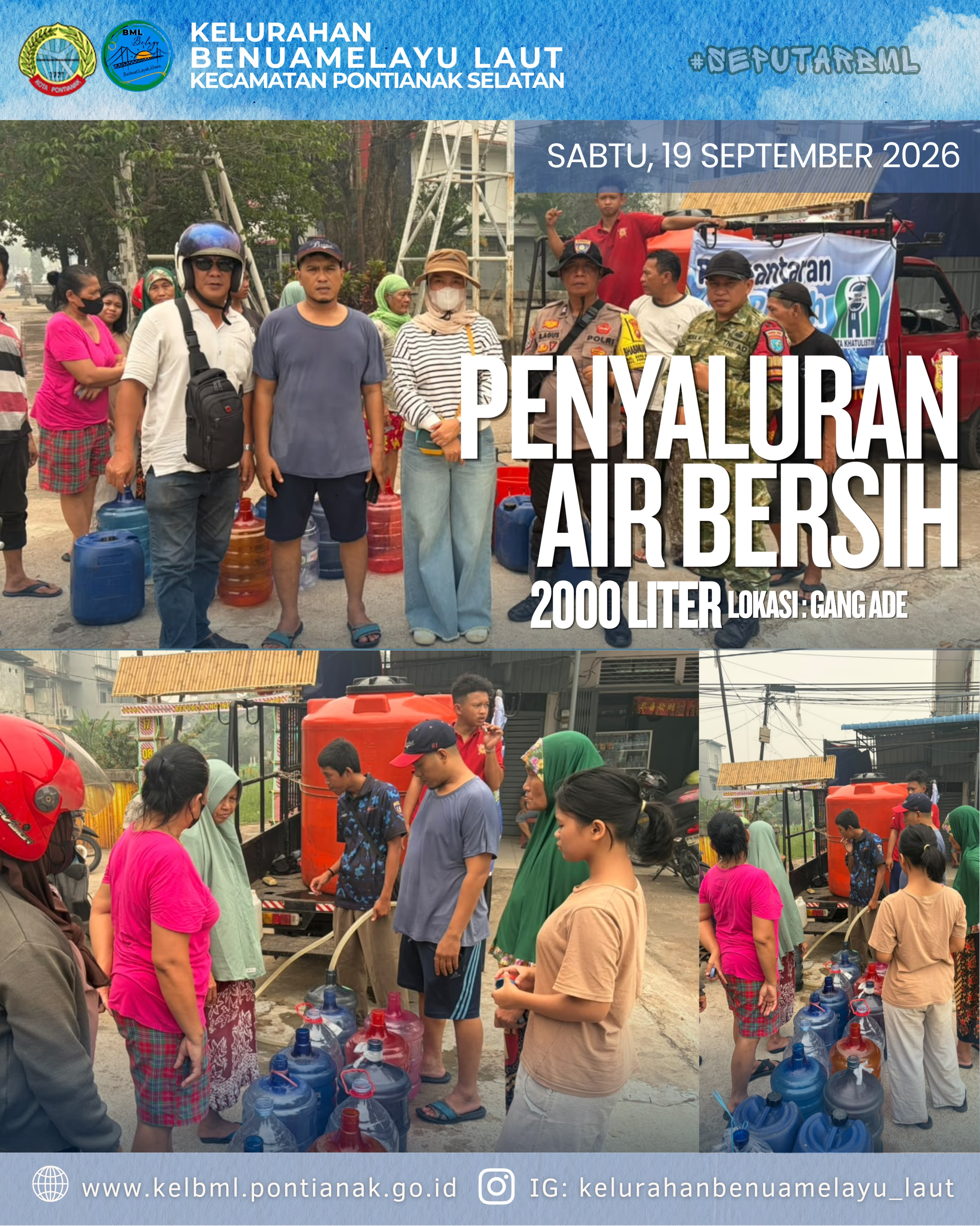 2.000 Liter Air Bersih Disalurkan untuk Warga Gang Aden Kelurahan Benuamelayu Laut