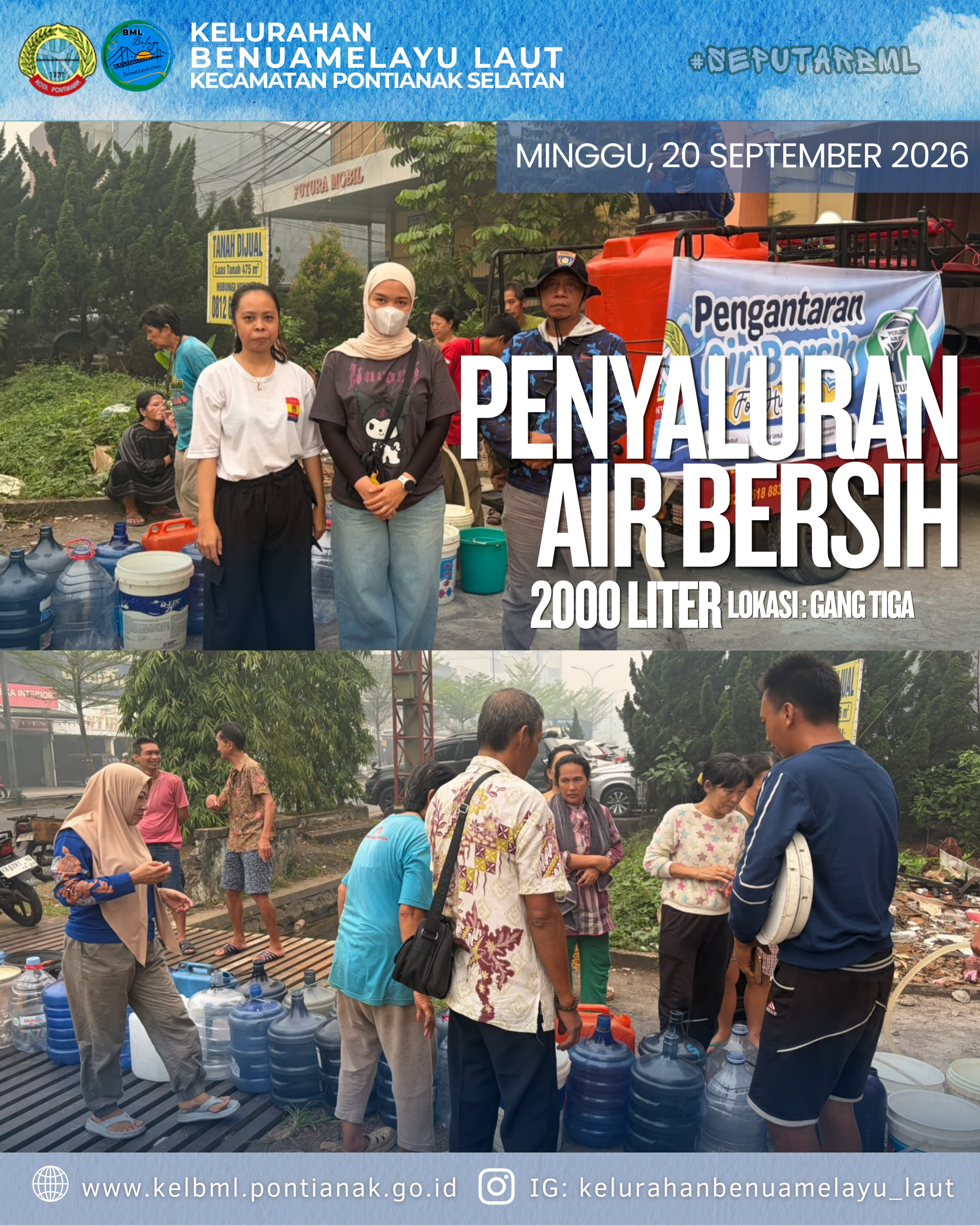2.000 Liter Air Bersih Disalurkan untuk Warga Gang Tiga Kelurahan Benuamelayu Laut