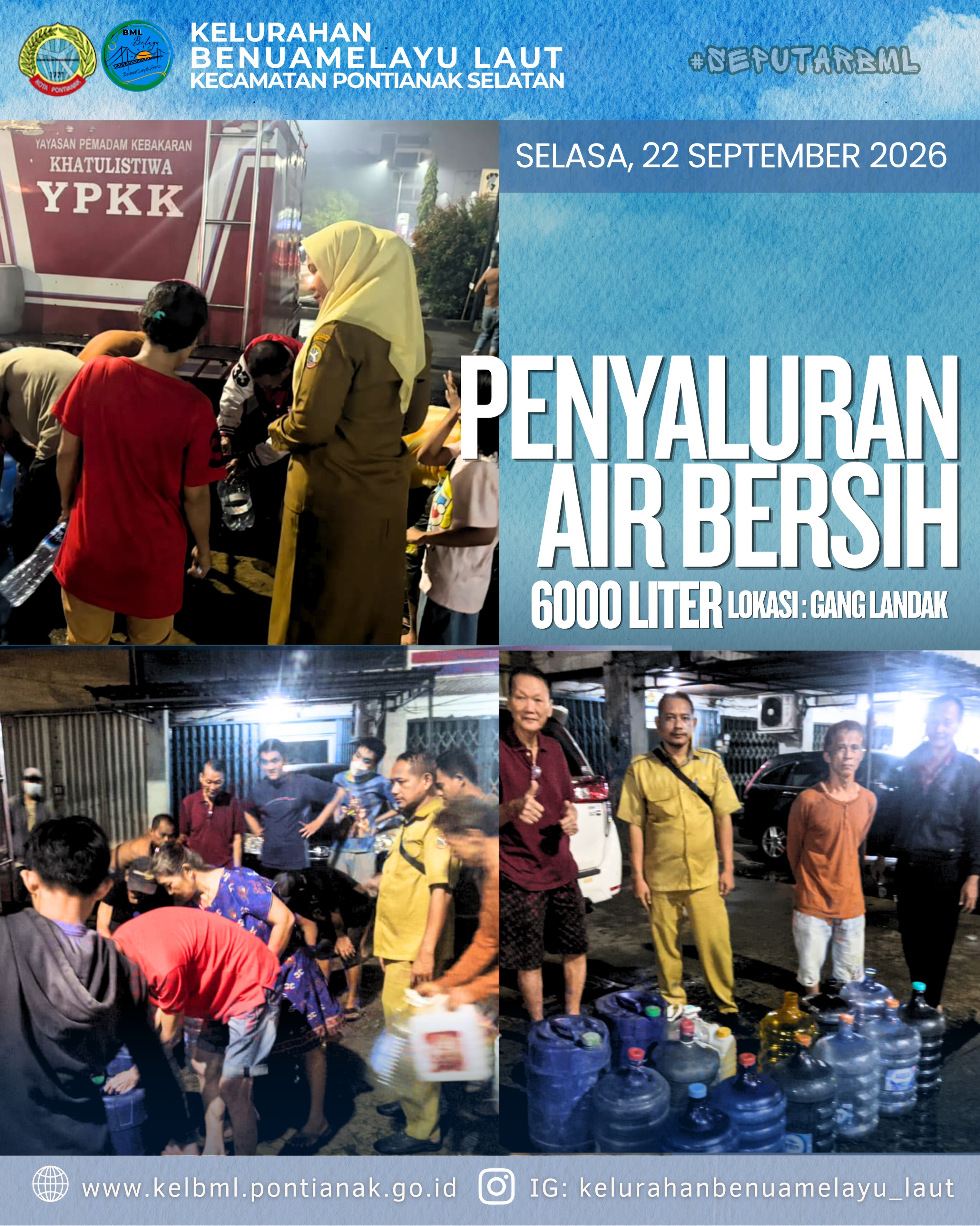 6.000 Liter Air Bersih Disalurkan untuk Warga di Gang Landak Kelurahan Benuamelayu Laut